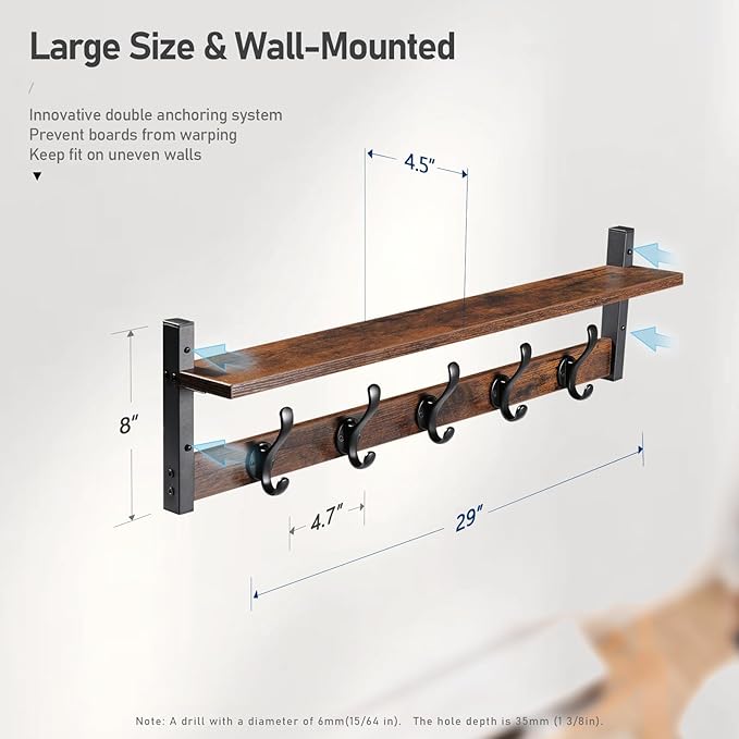 Tatub 29" Rustic Coat Rack Wall Mount with Shelf, Entryway Wall Hooks with Shelf, Coat Hangers for Bathroom, Living Room, Bedroom, Rustic Black