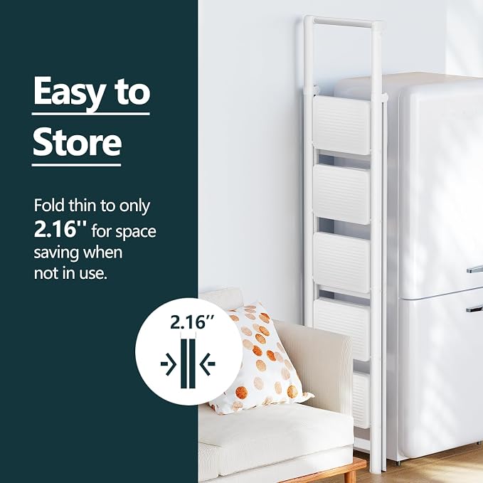 WOA WOA Step Ladder for Home, Foldable Step Stool for Kitchen with Non-Slip Pedals, Sturdy Ladders Supports up to 330 lbs, Compact and Portable - 5 Step with Handle/White