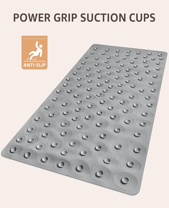 Bligli Bathtub Mat Non Slip, 16x40 inch Extra Long Bath Tub Mat with Strong Suction Cups, Soft Rubber Bathroom Floor Mat, Machine Washable, 100% BPA Free (Grey)