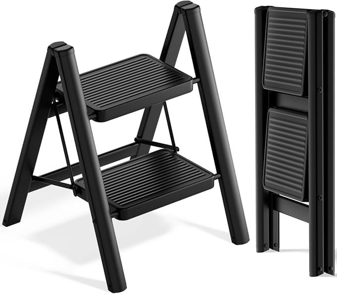 SOLADDER Step Stool, 2 Step Ladder with Anti-Slip and Wide Pedal, Folding Portable Iron Stepladder for Home and Kitchen, 300lbs - Black