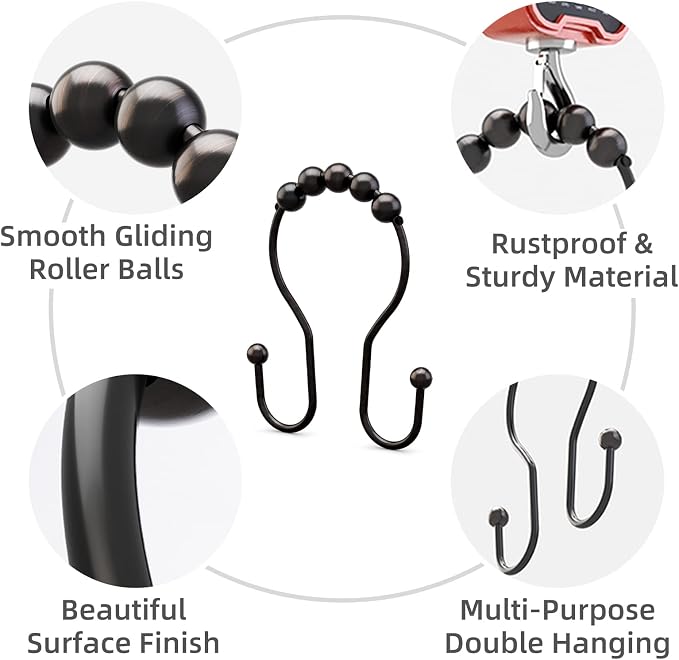Bathway Shower Curtain Hooks Bronze Shower Curtain Rings Rust Proof Double Hook Shower Curtain Hooks, 12 Pcs Shower Hooks for Shower Curtain, Shower Rings for Curtain Bathroom, Metal Shower Rod Hooks