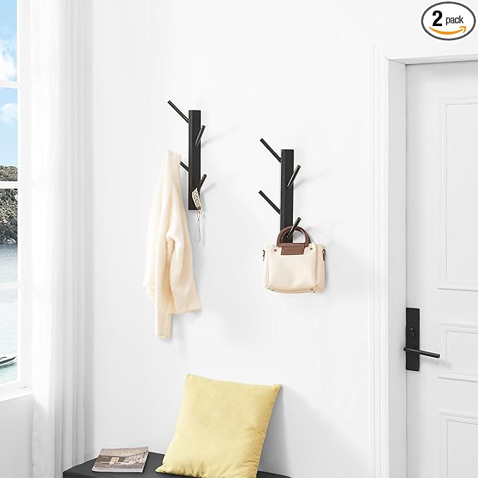 TIOPGHAD 2 Pack Small Vertical Coat Rack Wall Mount, Bamboo Coats Hooks Clothes Holder Hanger for Wall Coat Hat Jacket Clothing Bathroom Robes Entryway(Black)
