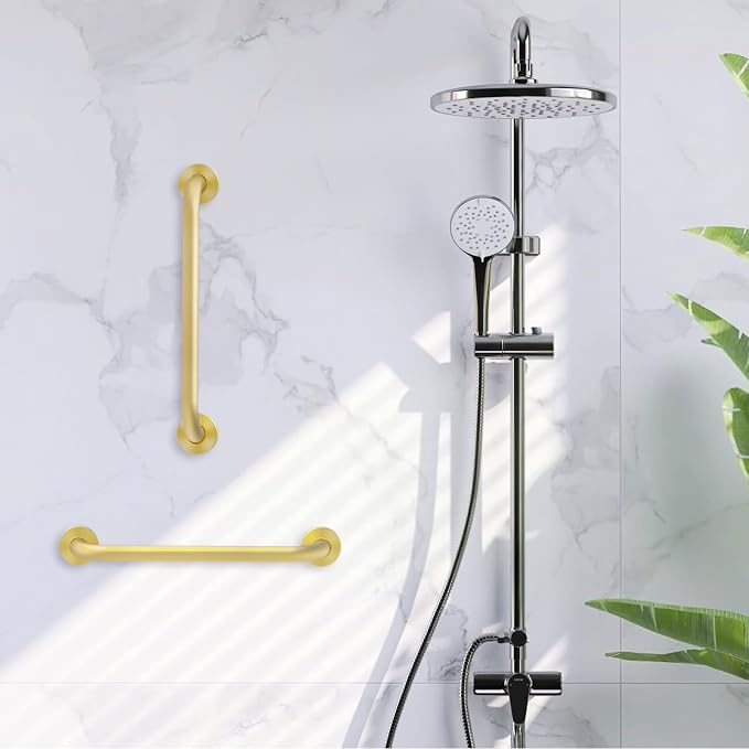 ROTHLEY 18 Inch Grab Bar for Bathtubs and Showers: Stainless Steel Shower Grab Bar Wall Mounted Shower Handle with Concealed Screws Anti Slip Saft Handle for Elderly Seniors (Brass)
