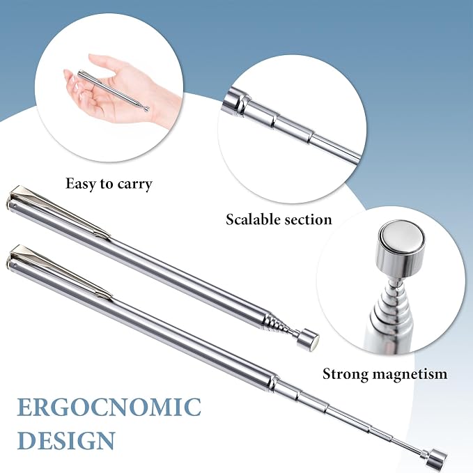 Patelai 2 Pieces Telescoping Magnetic Pick up Tool Grabbers Reacher Tools with Pocket Clip 25 Inch Telescopic Retrieving Magnet Gift for Man, Father, Mechanic, Handyman, Husband (Silver)