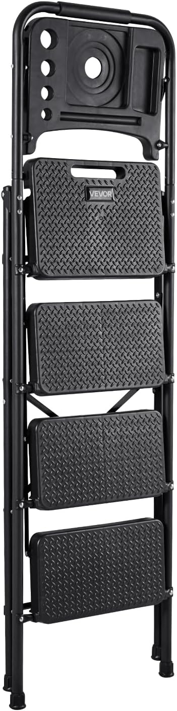 VEVOR 4 Step Ladder, Folding Step Stool with Wide Anti-Slip Pedal, Tool Tray, Comfort Handgrip, 600 lbs Capacity Portable Steel Ladder, Multi-Use for Kitchen, Home, Household and Office, Black