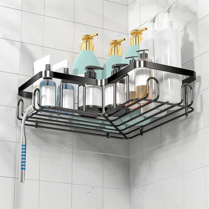 Moforoco Corner Shower Caddy Shelf Organizer Rack, Self Adhesive Black Bathroom Shelves Basket, Home Wall Shower Inside Organization and Storage Decor RV Accessories, First Apartment Essentials