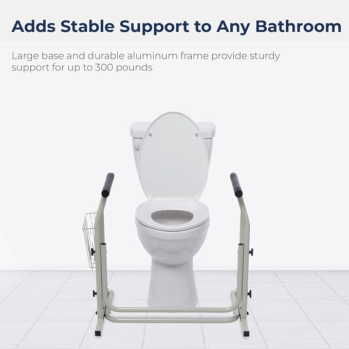 Drive Medical RTL12079 Toilet Safety Frame, Bathroom Grab Bar for Toilets, Freestanding Toilet Rail for Stability, For Users Up to 300 Pounds, White