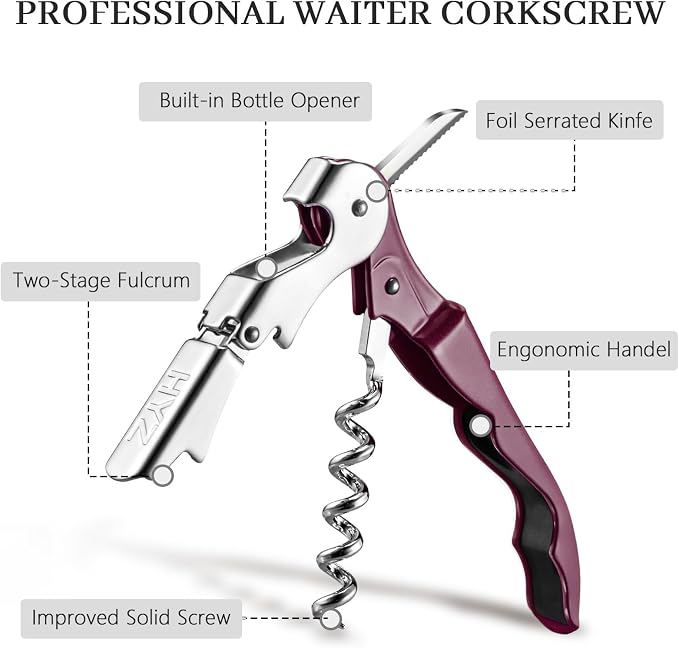HYZ 2-Pack Wine Opener Waiter Corkscrew, Professional Wine Key for Servers, Bartender with Foil Cutter, Manual Wine Bottle Opener Double Hinged (Burgundy)