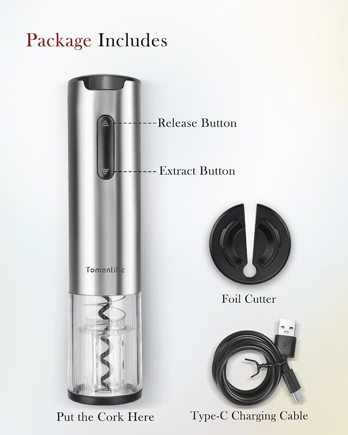 Electric Wine Opener Tomentific, Rechargeable Automatic Wine Corkscrew Bottle Opener With Foil Cutter, Type-C Charging Wine Openers With LED Light For Home Party Wedding Gifts (Stainless Steel)