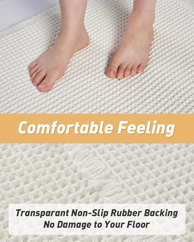 Upgraded Waffle Bath Mat Set of 2, Super Absorbent Non Slip Bath Mats for Bathroom Floor, Washable Boho Bathroom Rugs Set 2 Pieces with Tassels, Soft Bathroom Mat Set, White, 18" x 30" Plus 24" x 48"