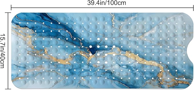 LNOND Marble Bath Tub Mat Non Slip, Extra Long 40 X 16 Inch Anti Slip Mat for Bathtub, Blue Gold Marble Shower Mat with Drain Holes and Suction Cups, Machine Washable
