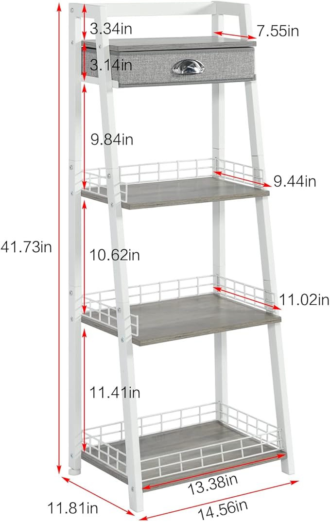 keomaisyto 4-Tier Elegant Ladder Shelf, Bathroom Storage Shelf, Ladder Bookshelf with Drawer, Freestanding Storage Shelves for Bathroom Living Room Study Office, White