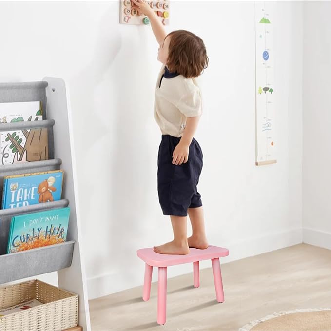 BEE&OAK 13.4 Inch Heavy Duty Wooden Step Stools for Adults - Non Slip, 300 LBS Capacity, Easy Assembly - Ideal Step Stool for High Beds, Kitchen, Bathroom, Office, Garden (Pink)