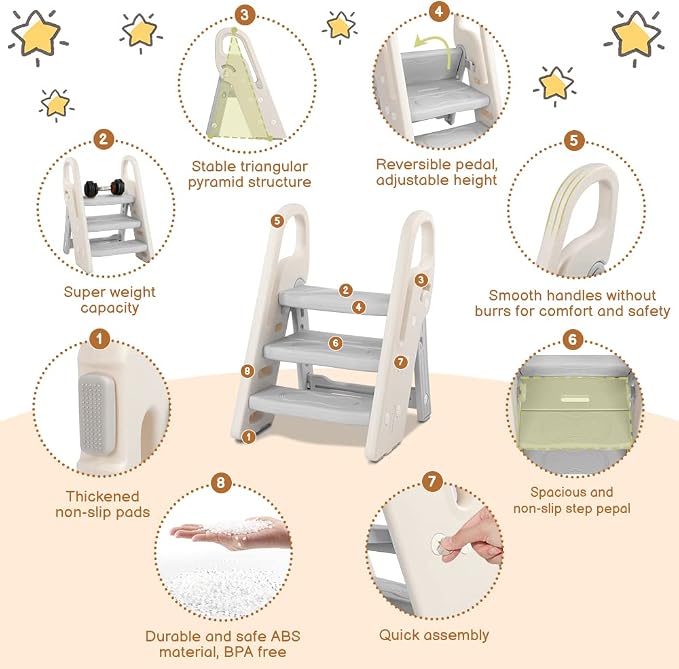 Onasti Foldable Step Stool for Bathroom Sink, Adjustable 3 Step Stool for Kids Toilet Potty Training Stool with Handles, Child Kitchen Counter Stool Helper, Plastic Ladder for Toddlers Grey