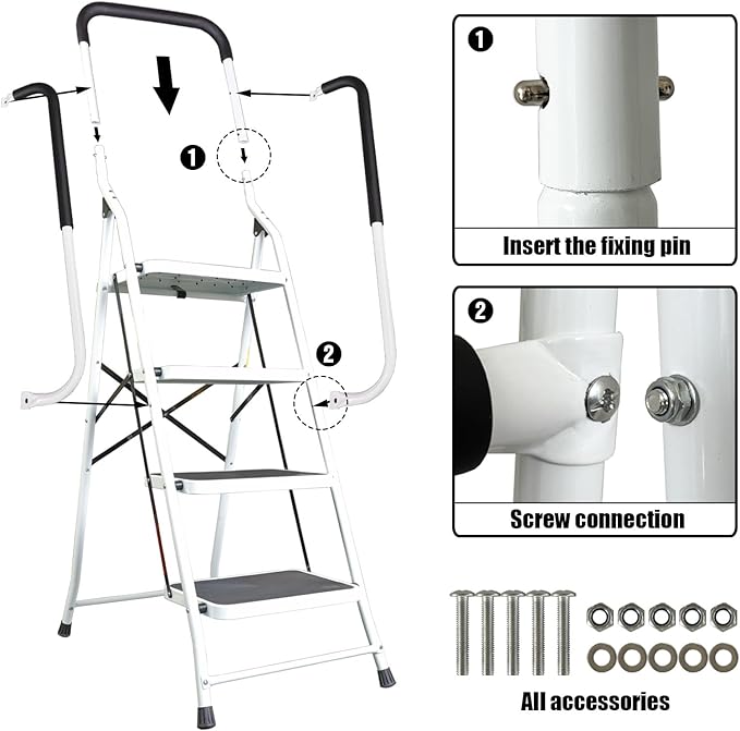 Jack Boss 4 Step Ladder, Requires Simple Installation, Folding Lightweight Step Stool with Handrails and Wide Anti-Slip Pedal for Home, Kitchen and Garage, Service Height 37.8 inch, 400 lbs Capacity