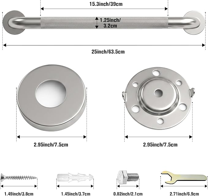 24 Inch Shower Grab Bar for Seniors,1.25'' Diameter 304 Stainless Steel Heavy Duty Anti-Slip Bathroom Safety Handicap Grab Bar for Shower, Bathtub & Toilet Support, Wall Mounted, Supports 500lbs