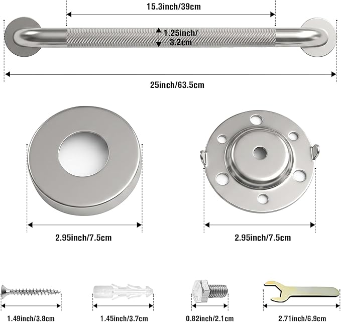 24 Inch Shower Grab Bar for Seniors 2 Pack,1.25'' Diameter 304 Stainless Steel Heavy Duty Anti-Slip Bathroom Safety Handicap Grab Bar for Shower, Bathtub & Toilet, Wall Mounted, Supports 500lbs