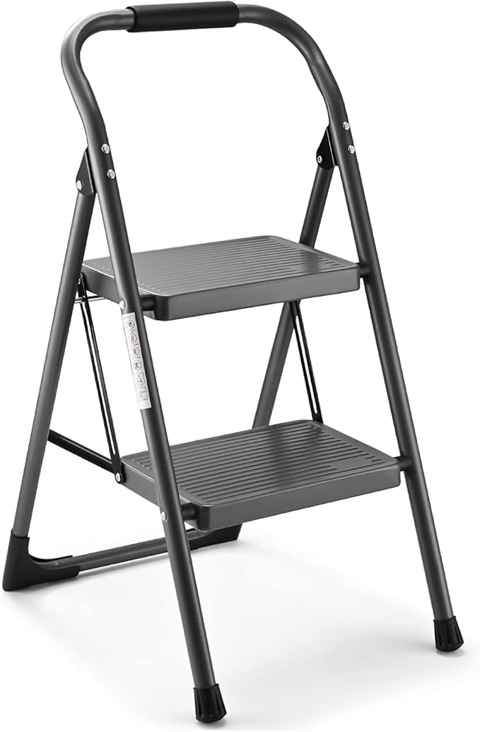 Step Stool for Adults,2 Step Ladder Folding 330lbs Anti Slip Step Stool,Foldable Ergonomic 2 Steel Stool with Wide Pedal for Home, Kitchen, Office (Gray)
