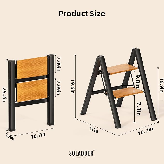 SOLADDER 2 Step Ladder, Anti-Slip and Lightweight Foldable Step Stool for Adults to Use in Kitchen, Closet and Library, 300lbs(Black&Woodgrain)