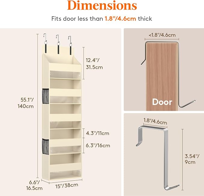 Lifewit 1 Pack Over the Door Organizer, Clear Window Hanging Storage with 4 Side Pockets, Anti Tilt 40 lbs Load Behind Door for Pantry, Nursery, Bathroom, Bedroom, Dorm, 5 Section, Beige