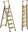 6 Step Ladder for 12 Feet High Ceiling, Lightweight Aluminum Folding Step Stool with Convenient Handgrip, Stepladders with Anti-Slip and Wide Pedal for Home Use Space Saving - Gold