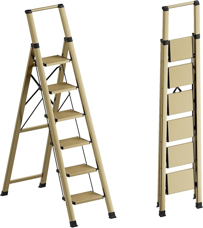 6 Step Ladder for 12 Feet High Ceiling, Lightweight Aluminum Folding Step Stool with Convenient Handgrip, Stepladders with Anti-Slip and Wide Pedal for Home Use Space Saving - Gold