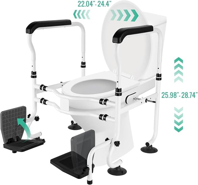 Toilet Safety Rails with Footrests, Adjustable Height & Width, Foldable Heavy Duty Toilet Safety Frame with Handles, Supports 500 lbs, Fits Most Standard Toilets-Suit for Elderly, Seniors & Disabled