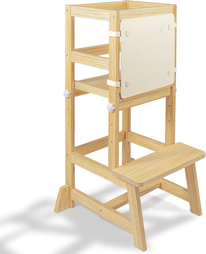 Kitchen Step Stool for Toddlers with Non-Slip Mat, WOOD CITY Wooden Kids Montessori Learning Stool Tower, Toddler Standing Tower Helper for Kitchen Counter and Bathroom Sink (Burlywood-Adjustable)