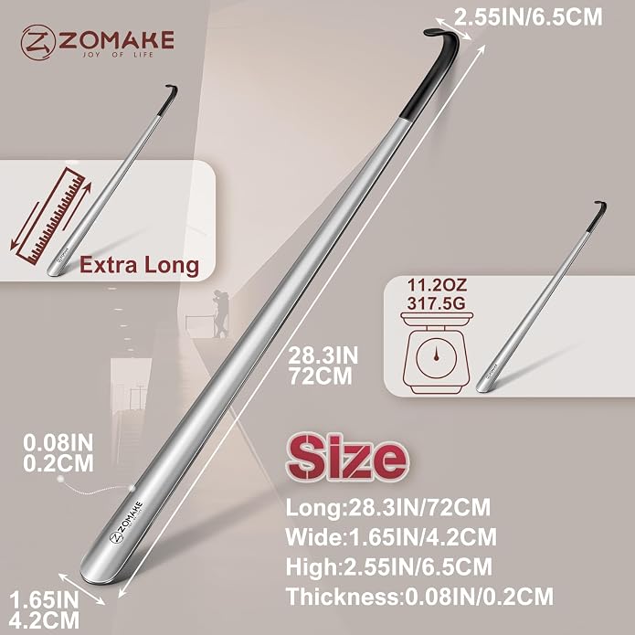 ZOMAKE Shoe Horn Long Handle for Seniors Men Women,Metal Long Shoehorn Boot Horn,16.5" Stainless Steel Shoe Spoon Helper