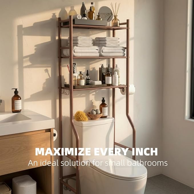 GloTika 3-Tier Over Toilet Storage with Anti-Tilt Safety System - 150lb Total Capacity Metal Bathroom Shelves Including Paper Holder & 4 Hooks, Space Saving Above Commode Organizer (64" H, Bronze)