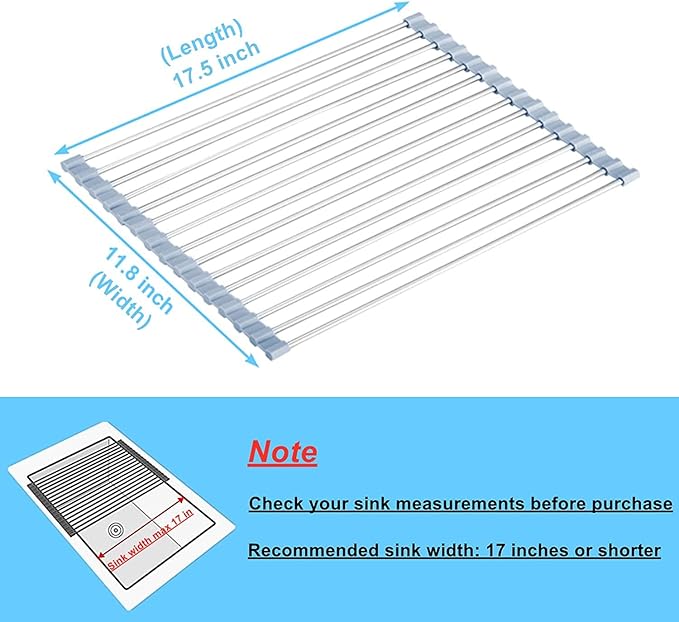 Seropy Roll Up Dish Drying Rack, Over the Sink Dish Drying Rack Kitchen Rolling Dish Drainer, Foldable Sink Rack Mat Stainless Steel Wire Dish Drying Rack for Kitchen Sink Counter Storage 17.5x11.8