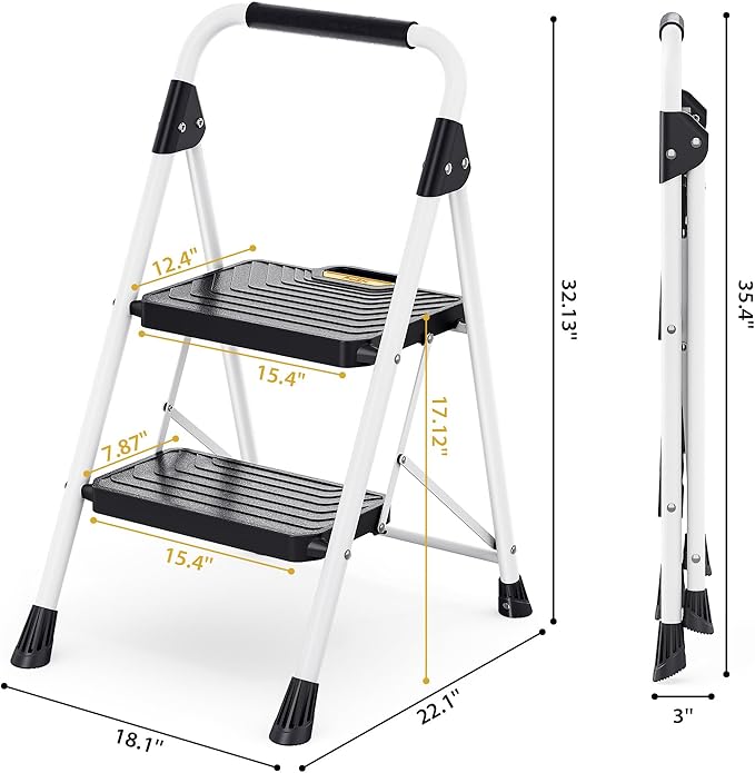 KINGRACK 2 Step Ladder, Folding Step Stool with Comfortable Handrail, Wide Anti-Slip Pedals & Safe-Lock Design, 800lbs Load Capacity, Sturdy Steel Portable Ladder, Perfect for Home and Kitchen, White