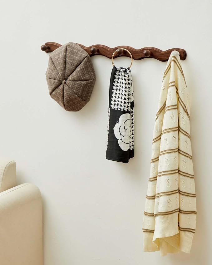 Wood Coat Rack Wall Mount - Walnut Coats Hook Hanger Wall-Mounted, Wave-Shaped Entryway Hanging Racks with 6 Hooks for Jacket Keys Hats Robes Towels Bags, Living Room Mudroom Bathroom Bedroom Hallway