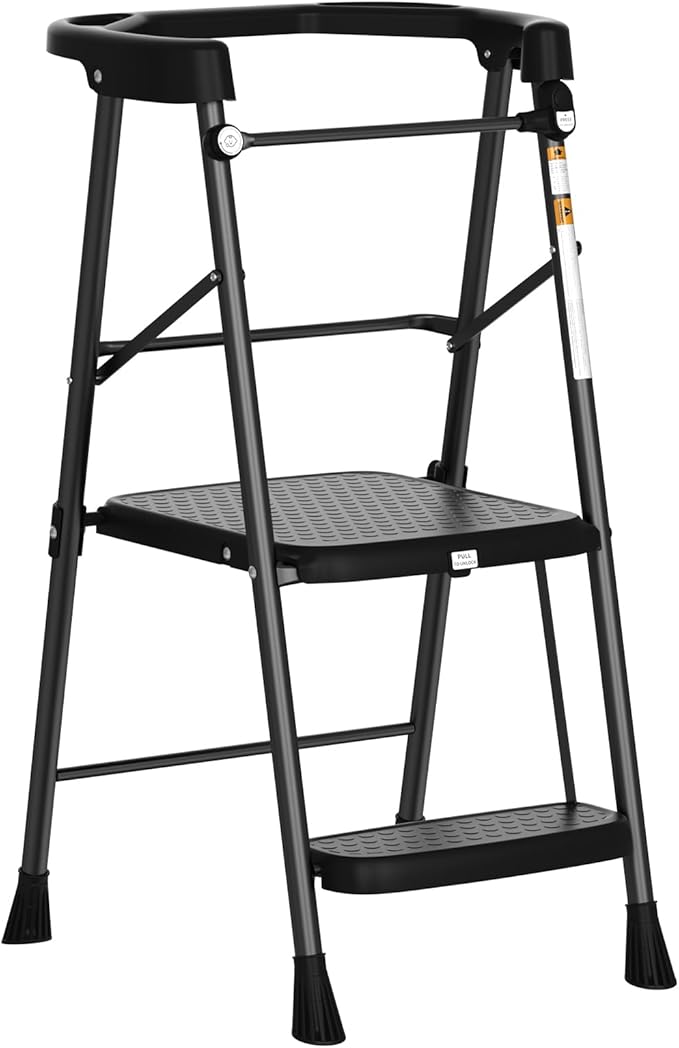 HBTower Kids 2 Steps Step Stool,Toddler Tower for Kitchen Counter Learning,Toddler Kitchen Stool Helper with Anti-Drop Safty Railing Kids Standing Folding Stepper(Black)