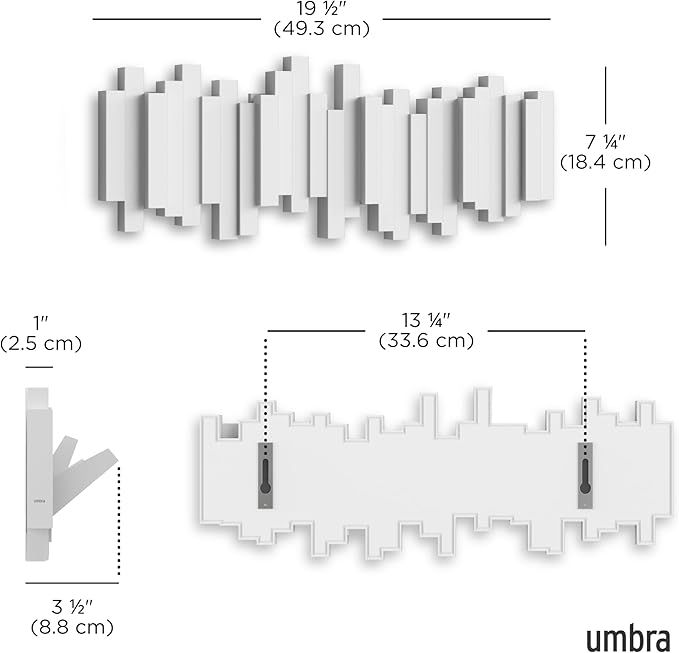Umbra Sticks Wall-Mounted Coat Rack Rail Hook with 5 Retractable Pegs – Modern, Space-Saving Storage Organizer, White