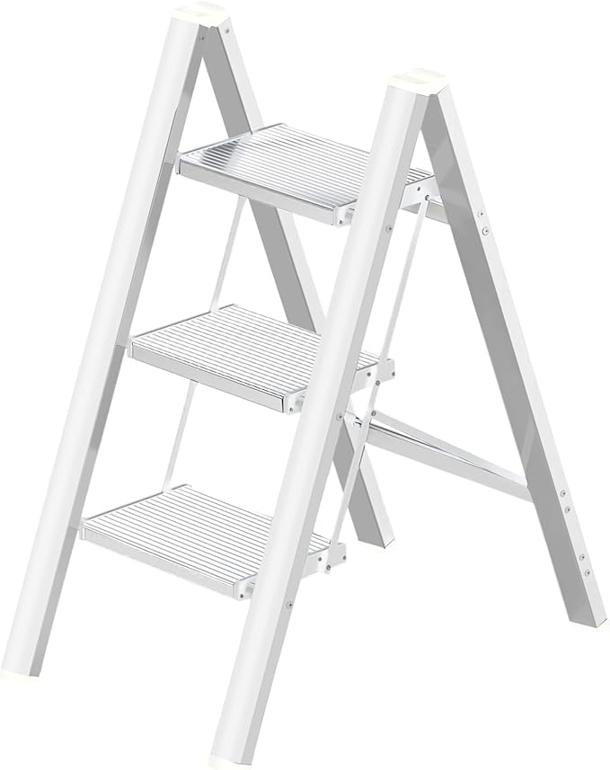 Aluminium 3 Step Ladder Folding Stool-330lb Capacity Ladders with Anti-Slip Wide Pedal Portable Kids/Adults, Lightweight Ladder, Portable Multi-use Scene for Home/Kitchen/Office/Garden/Yard