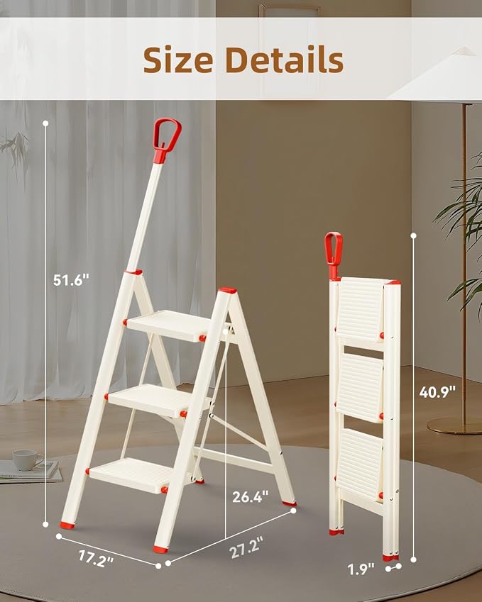 ASPERALD 3 Step Ladder with handrails,Foldable Step Stool with Anti-Slip Wide Pedals for Home Kitchen Closet,3 Step Ladder Folding Step Stool Long Handle Beige