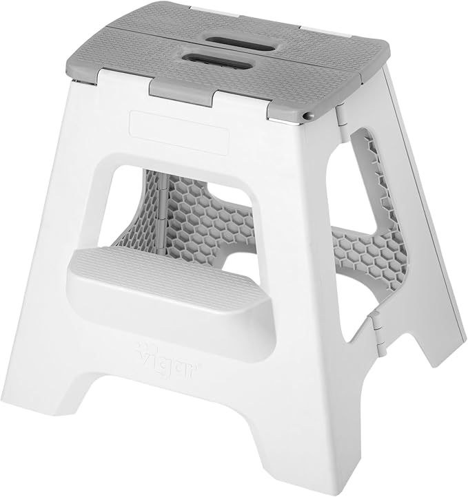 Vigar Compact Folding Step Stool - 16 Inch 2 Step Foldable Step Stool for Adults, Lightweight Portable Stool with Handle, Non Slip Step Stool, Space-Saving Stool up to 330 lb - Gray