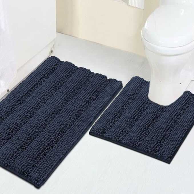 Turquoize Chenille Bathroom Rugs Set Non-Slip Bath Mats for Bathroom Super Absorbent Shaggy Rugs for Tub Shower Toilet Plush Bath Rug Plus U Contour Rug (Standard: 20" x 32" and 20" x 20" U), Navy