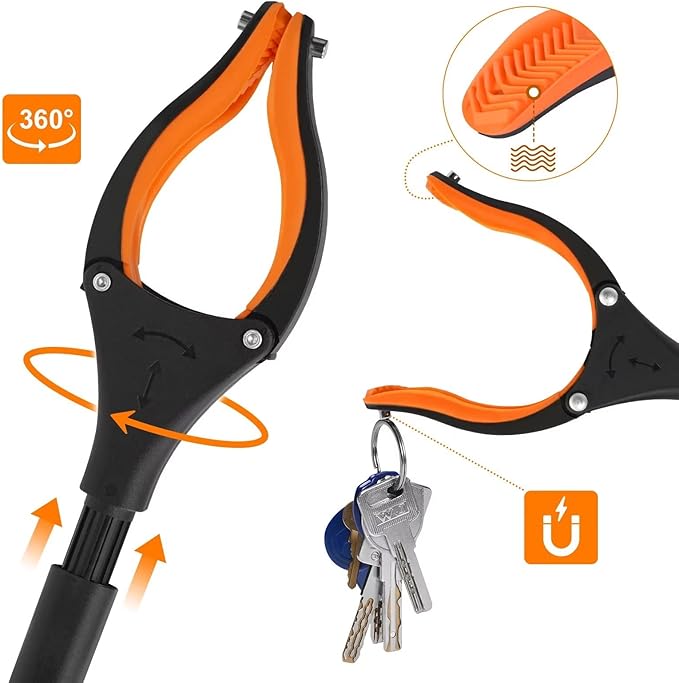 43" Extra Long Grabber Tool, Foldable Grabbers for Elderly Grab It Reaching Tool with Rotating Jaw +Magnets, 4" Wide Claw Opening Reacher Grabber Pickup Tool, Grabber Reacher Tool Heavy Duty