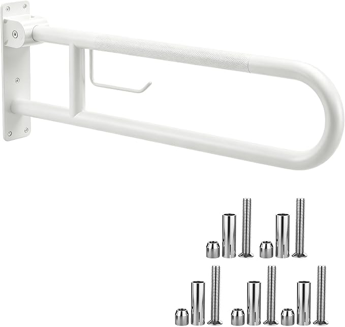 22.5 Inch Toilet Grab Bar, HUAS White Anti Slip Bathroom Toilet Safety Rails, U Shaped Flip-Up Handicap Grab Bars w/Paper Holder, Stainless Steel Support Handrail for Elderly Disabled Senior