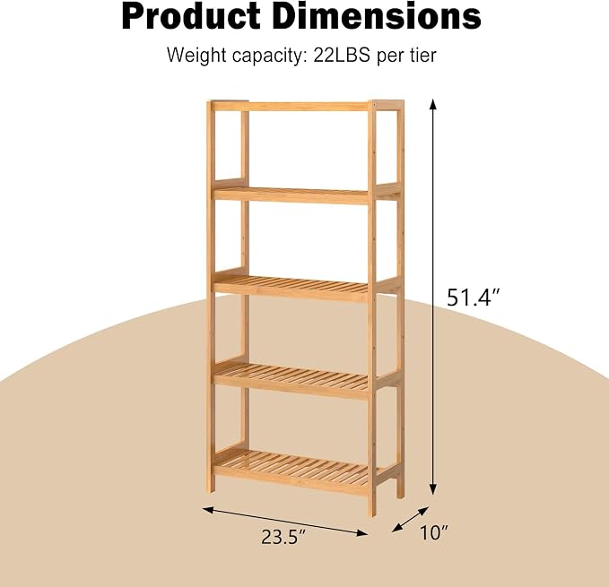 kinbor 5-Tier Bamboo Bathroon Shelf - Multifunctional Bamboo Rack Storage Shelving Rack Utility Shelf for Bathroom Kitchen Living Room