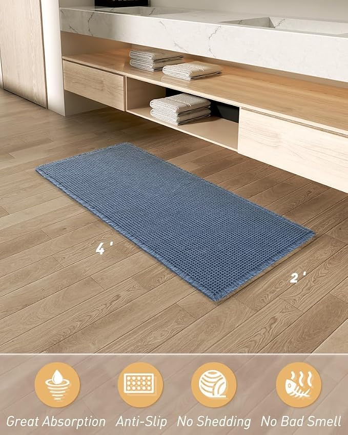 AMOAMI Upgraded Waffle Runner Rug Super Absorbent Non Slip Bath Mats for Bathroom Floor Washable Bathroom Runner Rug with Tassels, Ideal for Hallway Bedroom Laundry Room, Blue, 2' x 4'(24" x 48")