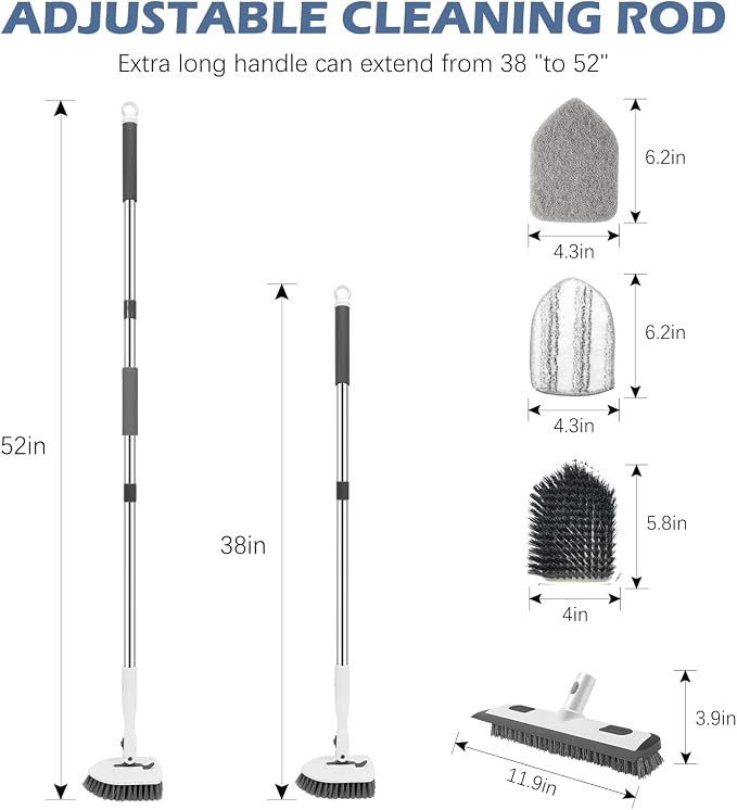SetSail 4-in-1 Tile Tub Floor Scrubber with 52-inch Adjustable Long Handle Shower Cleaner Brush Comes with Floor Scrub Brush and 3 Replacement Brush Heads for Cleaning Bathroom Tub Tile, White Grey