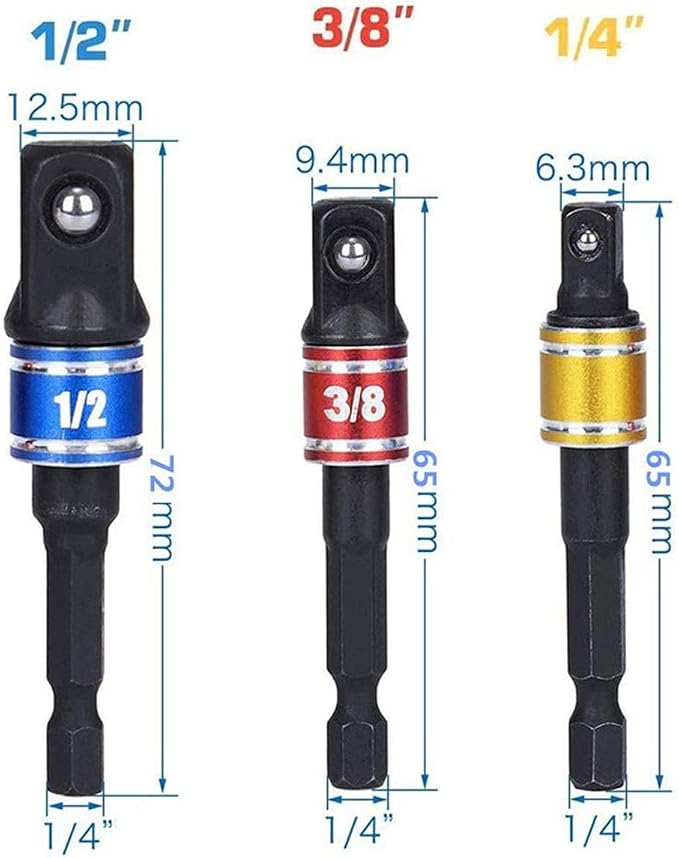 CIGOTU Socket Adapter Extension Set, 1/4, 3/8, 1/2 Inch Hex Shank, Impact Grade, Power Drill to Socket Converter, 3-Piece (Black)