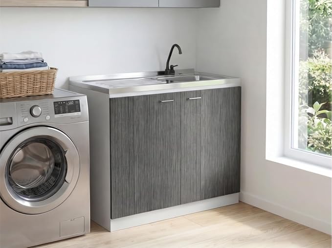 Tuhome Napoles Utility Sink Base Cabinet with Integrated Stainless Steel Countertop, Freestanding Cabinet with Double Doors, Interior Shelf for Laundry Room, Utility Room, Mudroom or Kitchen