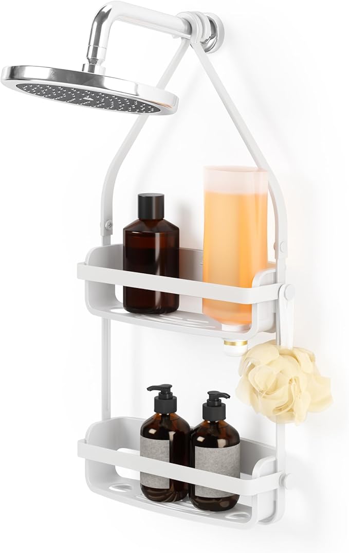 Umbra Flex Hanging Shower Caddy with 2 Shelves, Bathtub Shelf and Bathroom Organizer, White