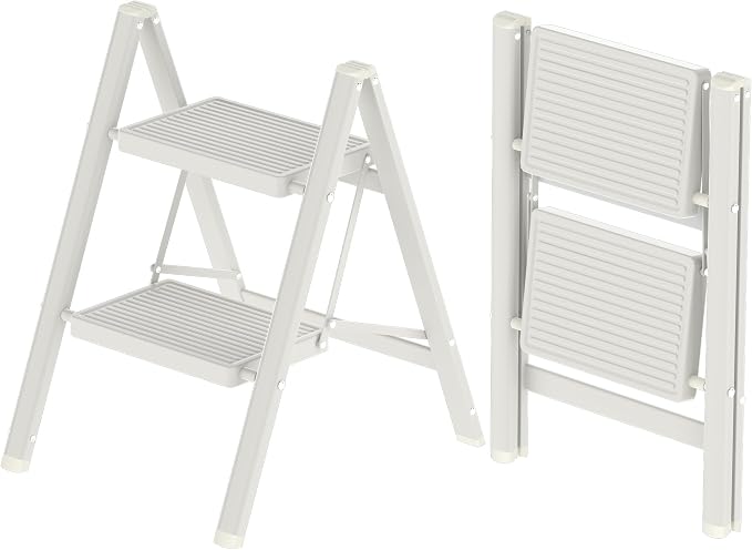 DIAMONDFORGE 2 Step Ladder, Lightweight Folding Step with Wide Anti-Slip Pedal & Feet, 330 lbs Capacity，Sturdy Steel Step Ladder for Home,Kitchen and Office, White