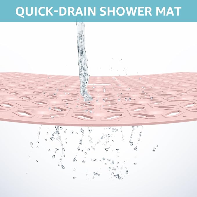 OTHWAY Square Shower Mat, 27"x 27" Extra Large Shower Mats for Inside Shower, TPE Anti Slip Shower mat with Suction Cups Drain Holes, Machine Washable Shower Floor Mat (Light Pink)
