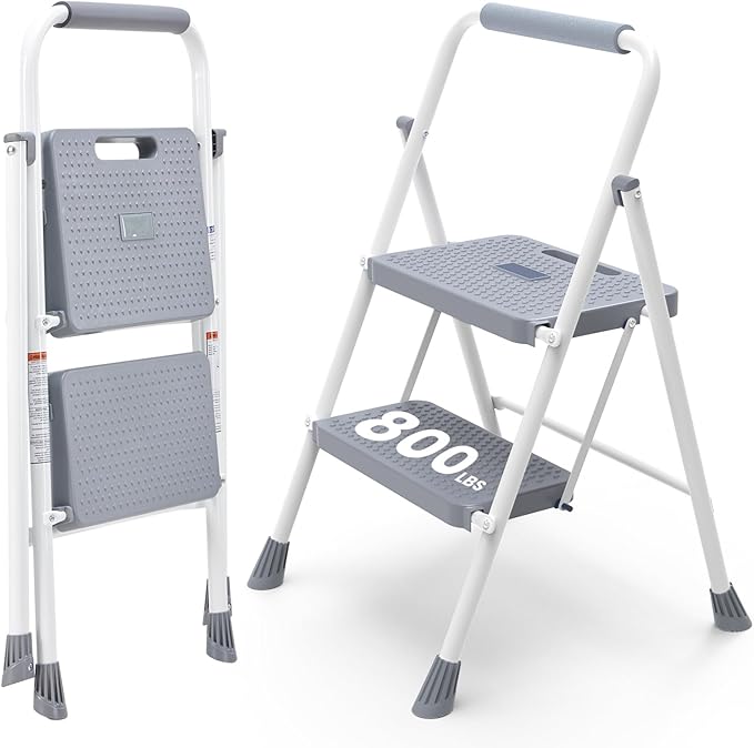 OLIXIS 2 Step Ladder, 880lbs Heavy Duty Sturdy Step Stool with Anti-Slip Pedal & Comfortable Handrail, Portable Step Stool for Kitchen, Garage & Outdoor Use, Grey